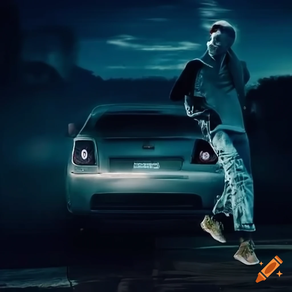 man in white t-shirt and jeans running towards a car at night