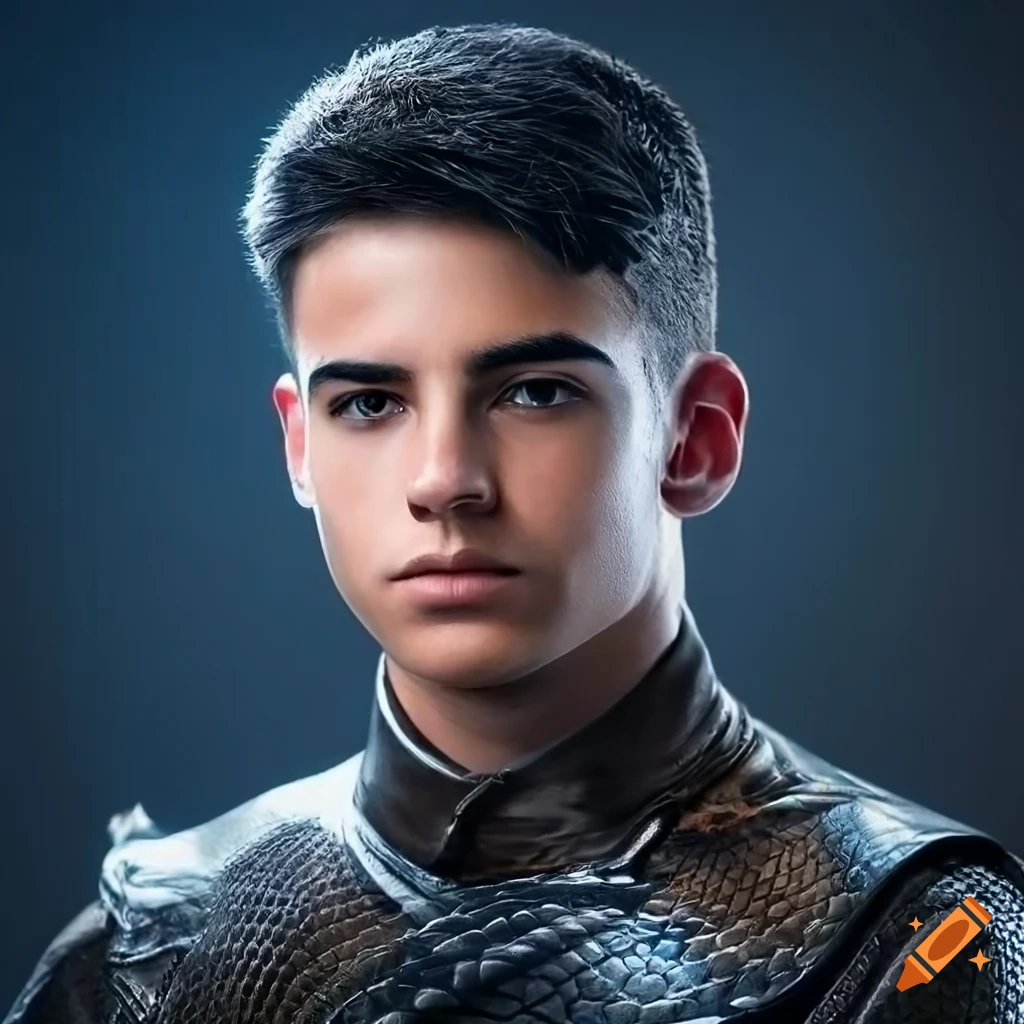 portrait of a serious Arab teen in snake leather tunic