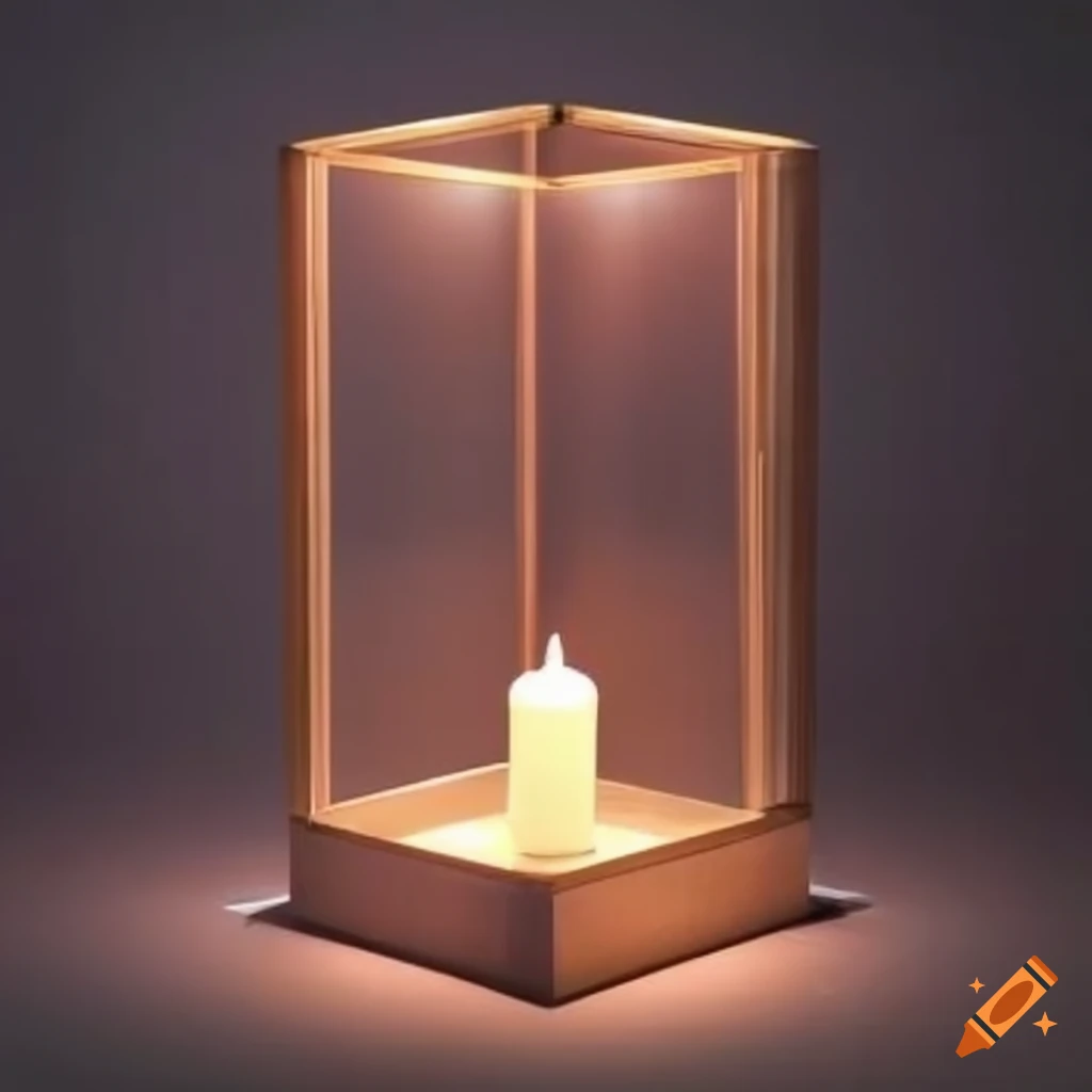 square exhibition showcase with a single candle