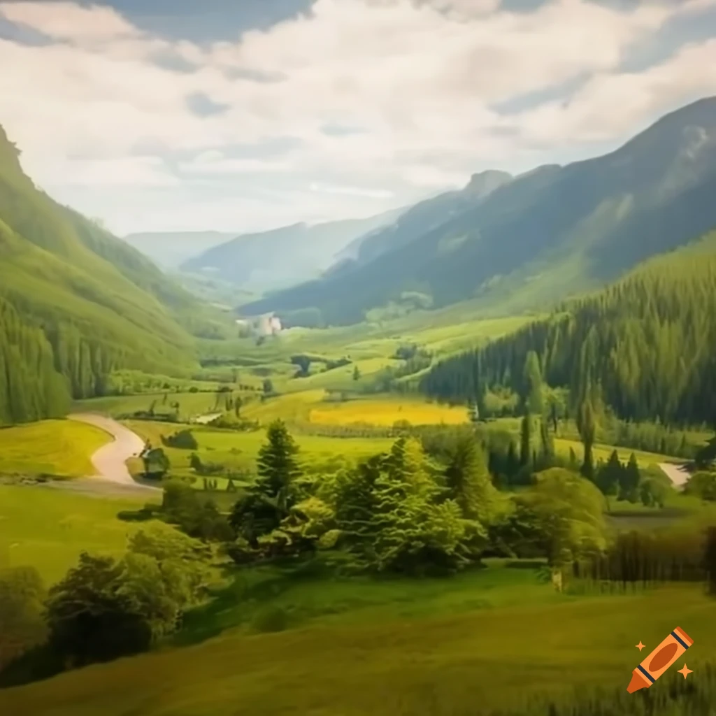 Scenic village nestled in a lush valley on Craiyon