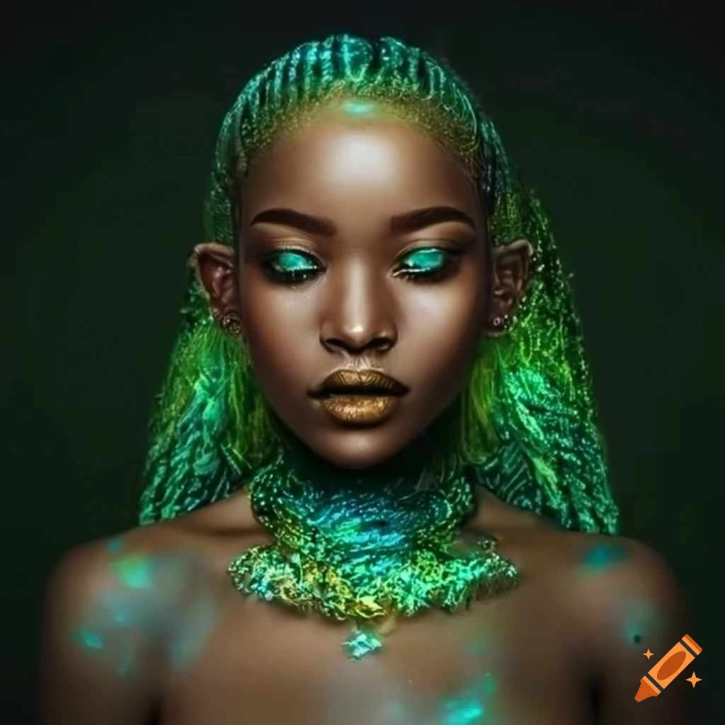 portrait of a stunning African warrior with green iridescent outfit
