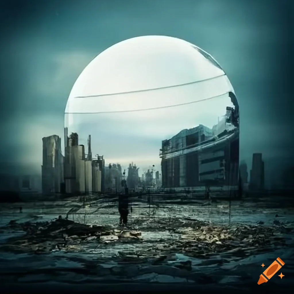 post-apocalyptic billboard with a glass dome