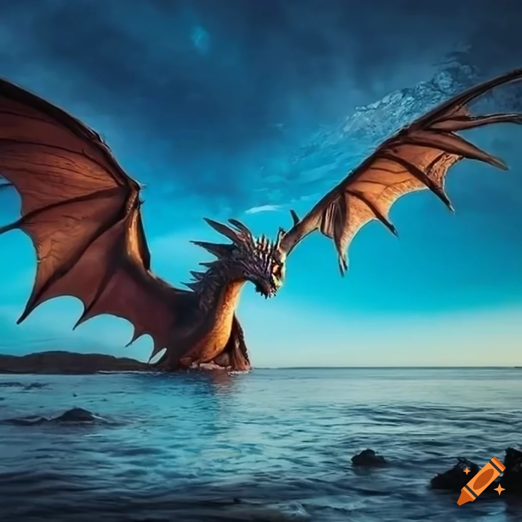 epic artwork of dragons flying over a peaceful coastline