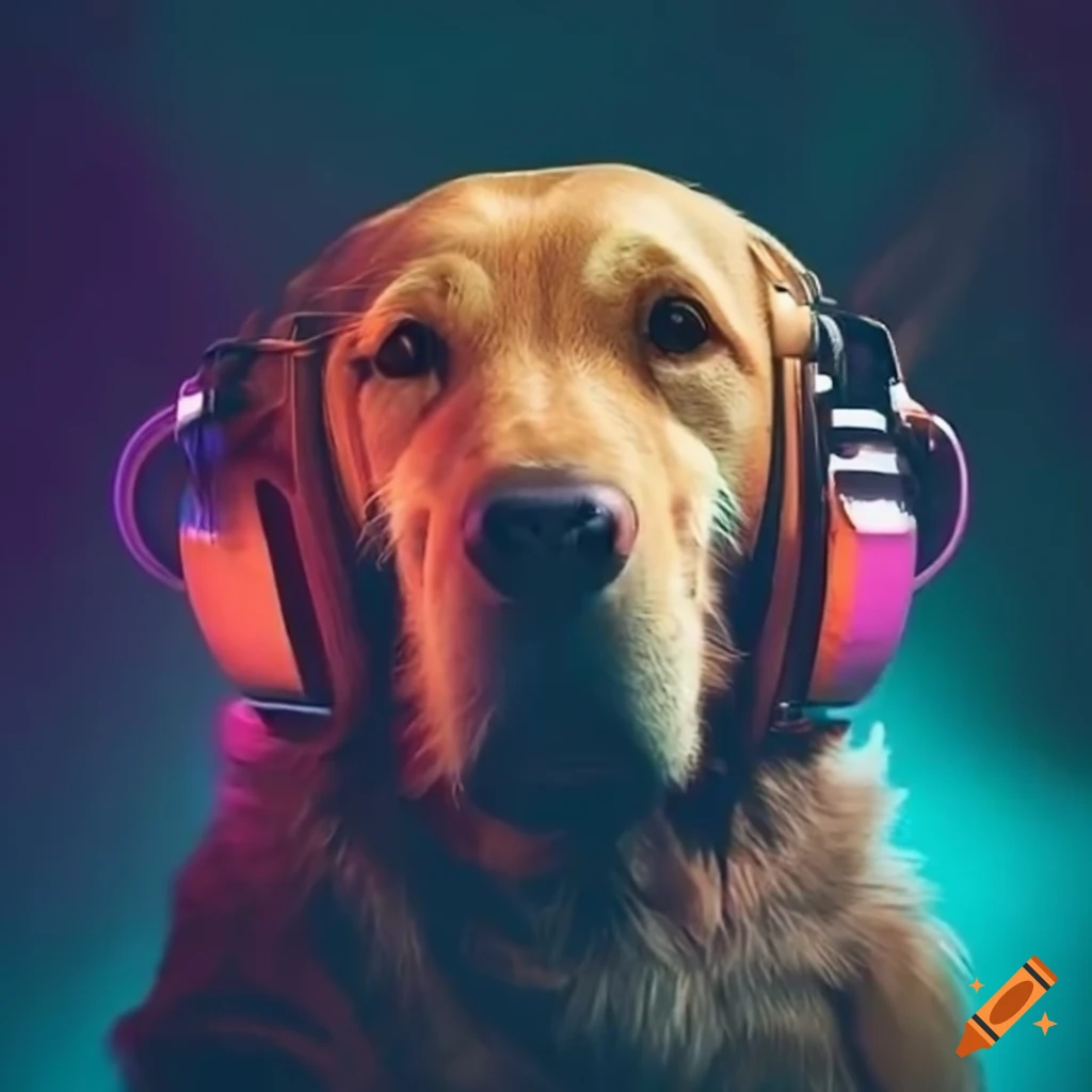 music producer with headphones and golden retriever