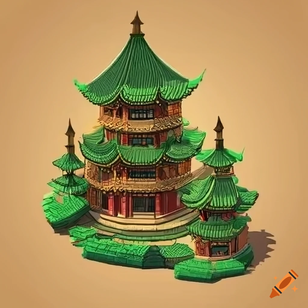 isometric game art of a Chinese pagoda with green curved roof and gold accents