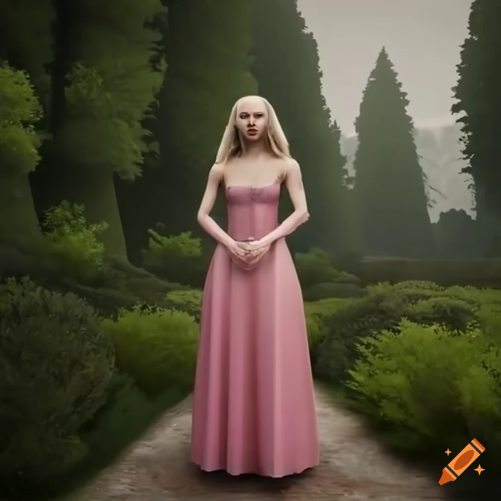 Amanda Seyfried as a futuristic queen with a group of people in a castle garden