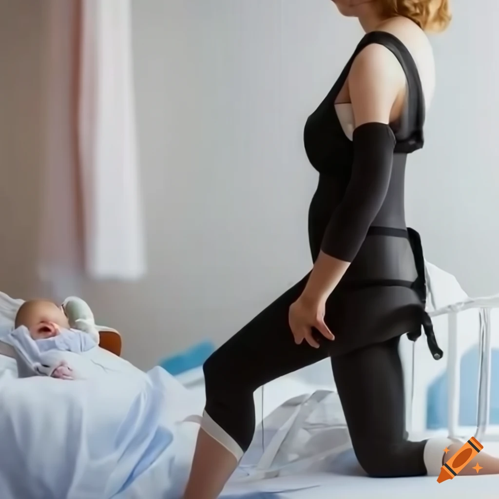full body of a nurse with baby carrier in hospital
