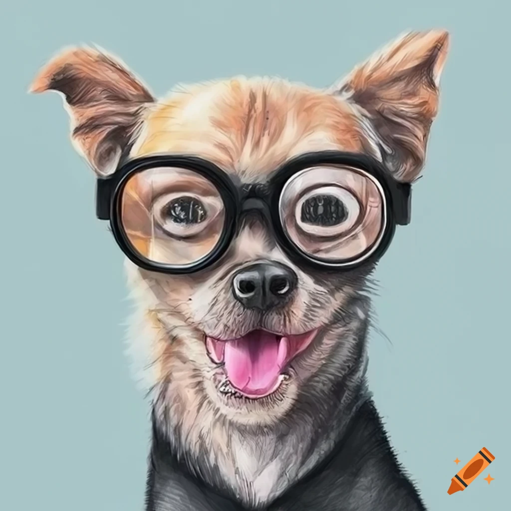 pencil art of a cute dog wearing glasses