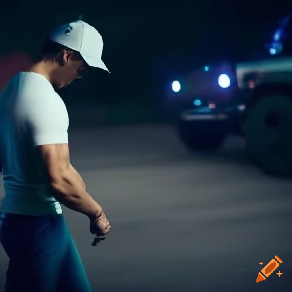 man in white t-shirt and jeans running towards a car at night
