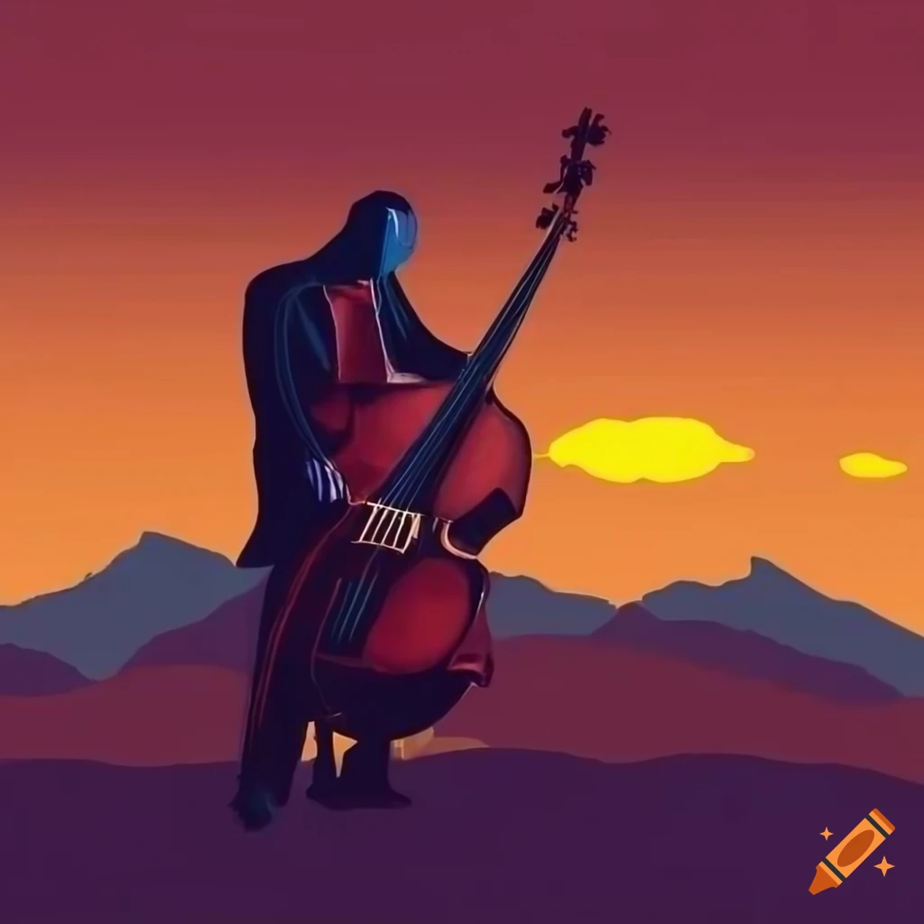 double bassist playing on a cliff at sunset with snowy mountains in the background