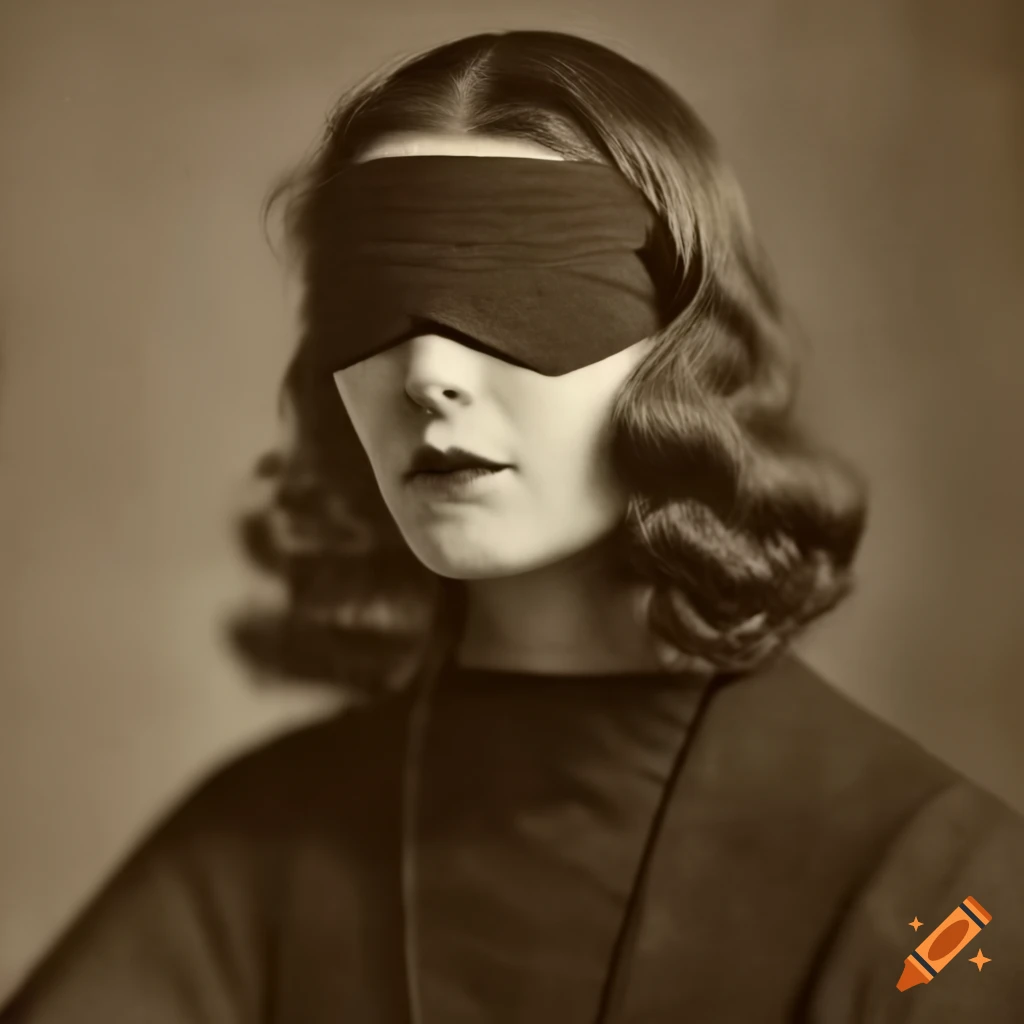 sepia photograph of a woman wearing a blindfold