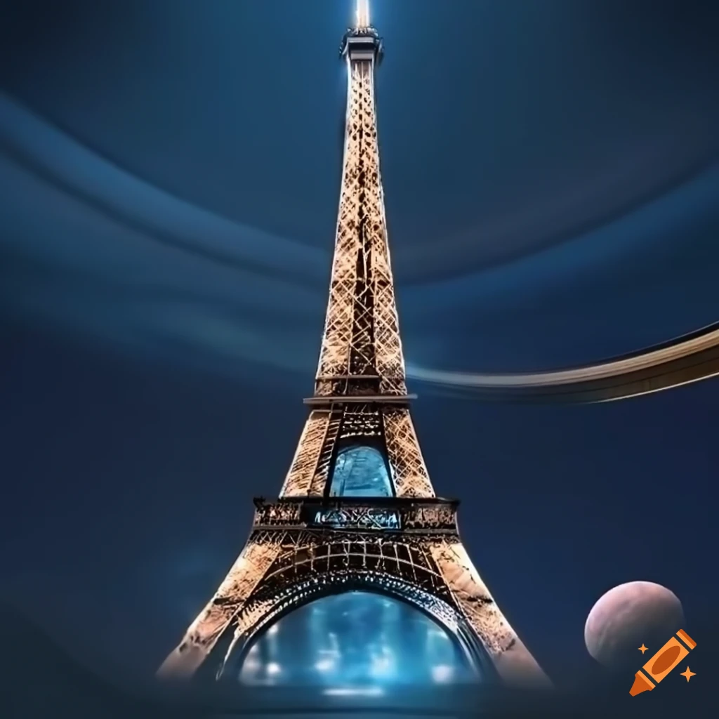 Eiffel Tower illuminated under a night sky with surreal planets