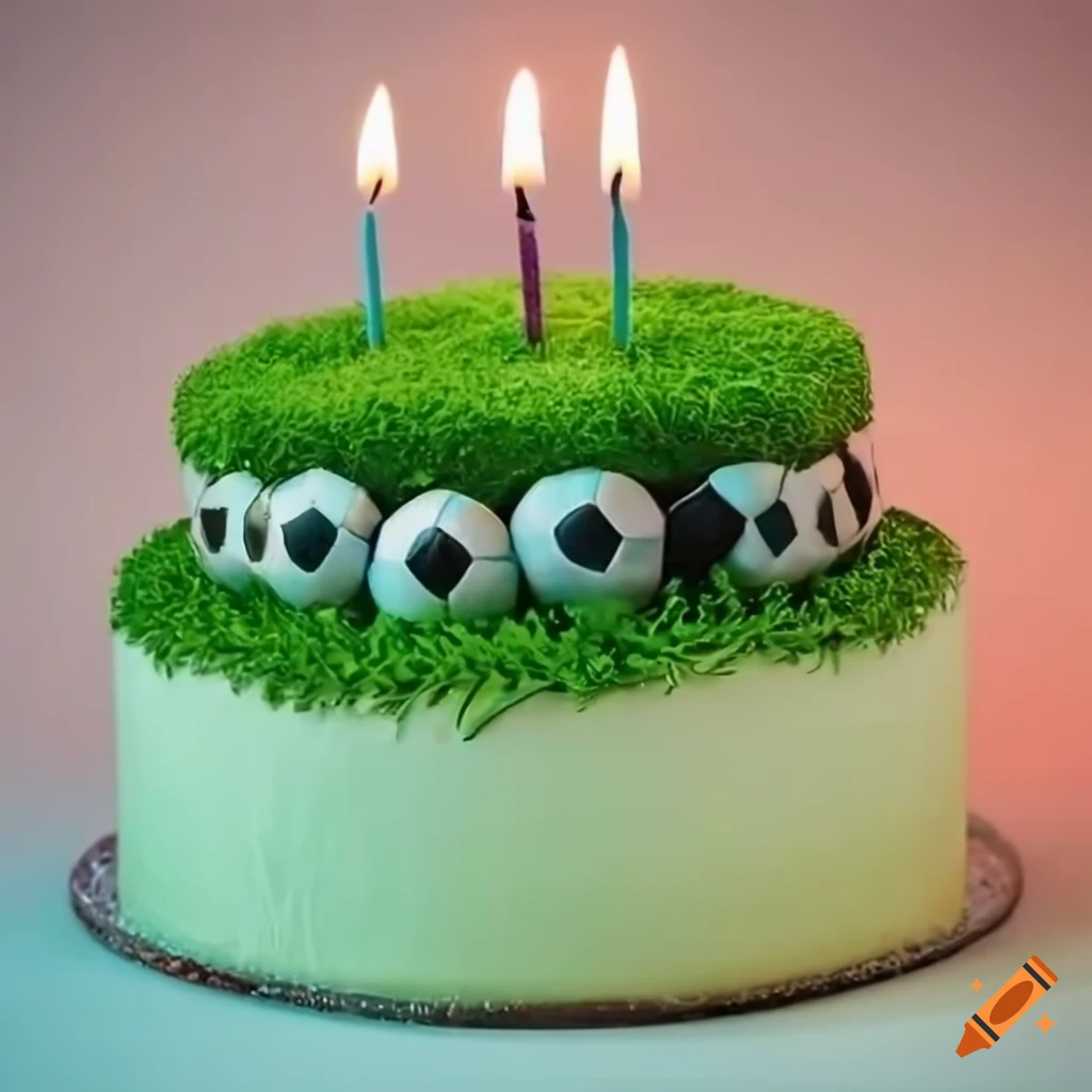 grass-themed birthday cake with a soccer ball and candle