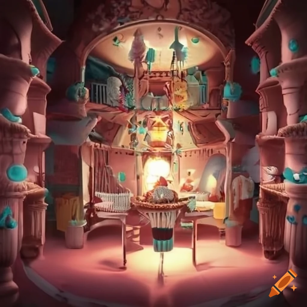 fantasy artwork of a cupcake factory interior