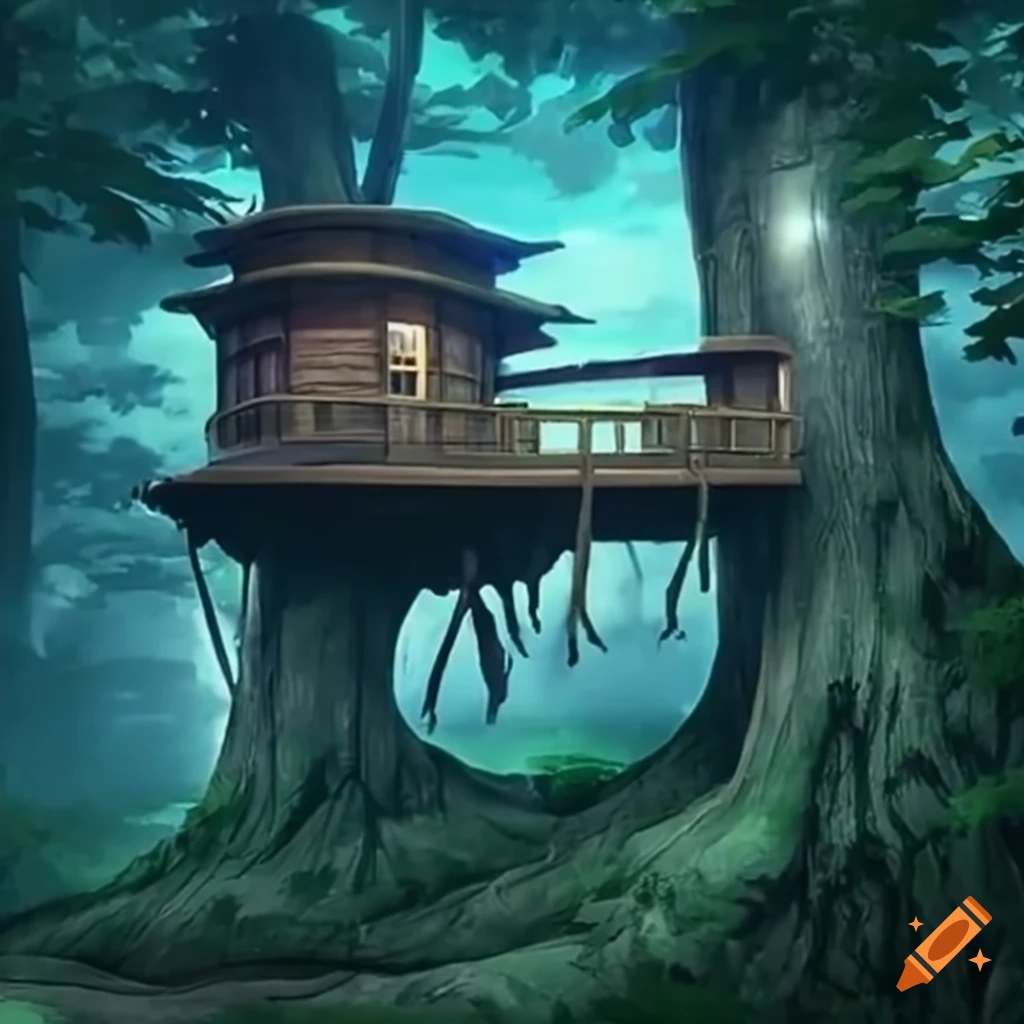 image of a large treehouse with hidden entrances and unique features