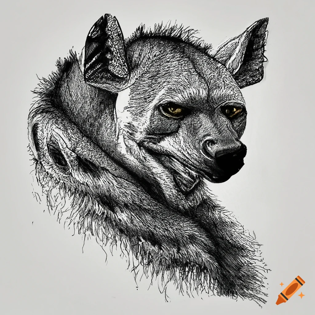 monochrome ink drawing of a twisted hyena