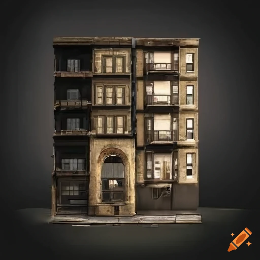 2D orthographic view of a weathered storefront facade in GTA style on ...