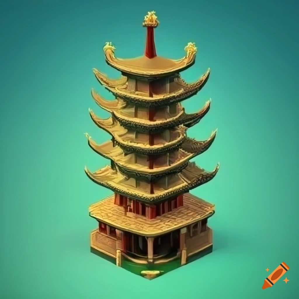 isometric illustration of a Chinese pagoda with green tile rooftop