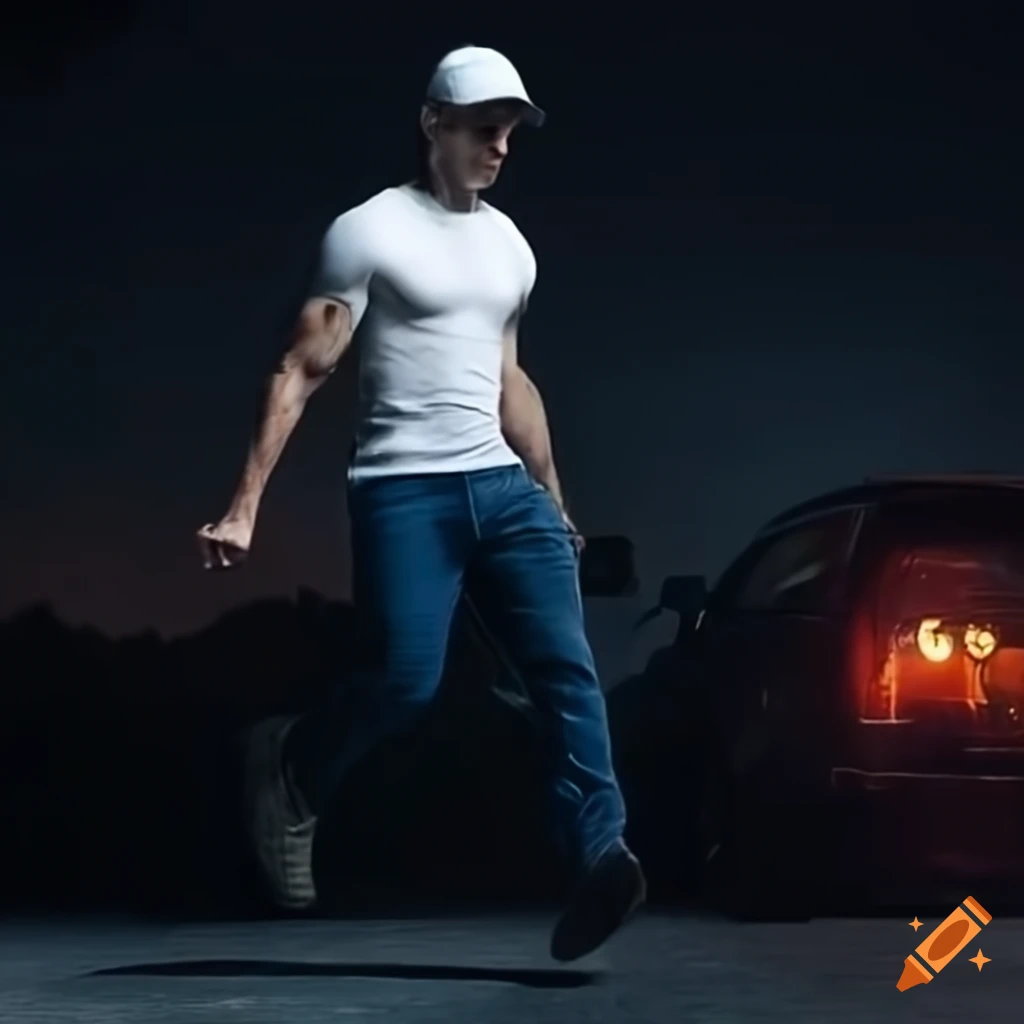 man in white t-shirt and jeans running towards a car at night