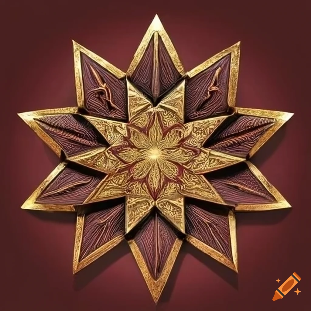 dark red wooden art piece with gold patterns