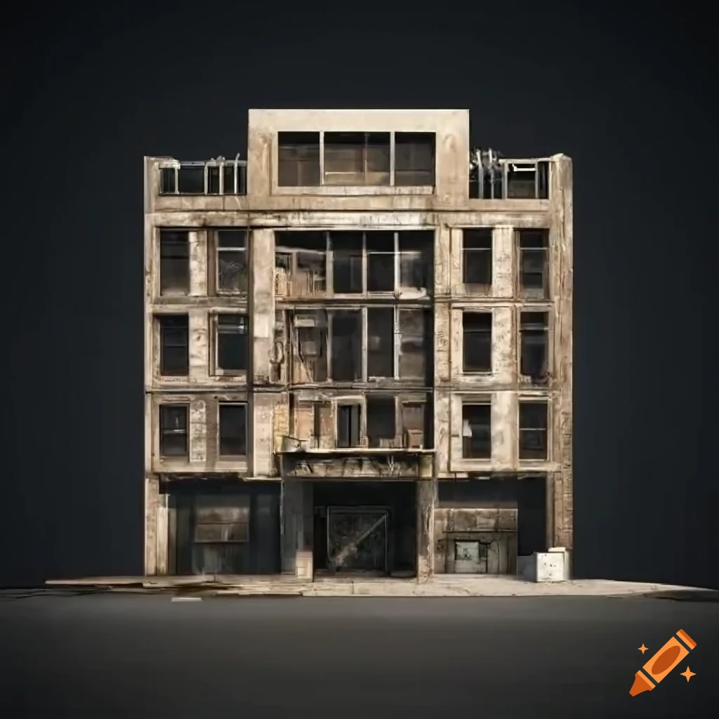 brutalist 2-story storefront facade in PS2-style