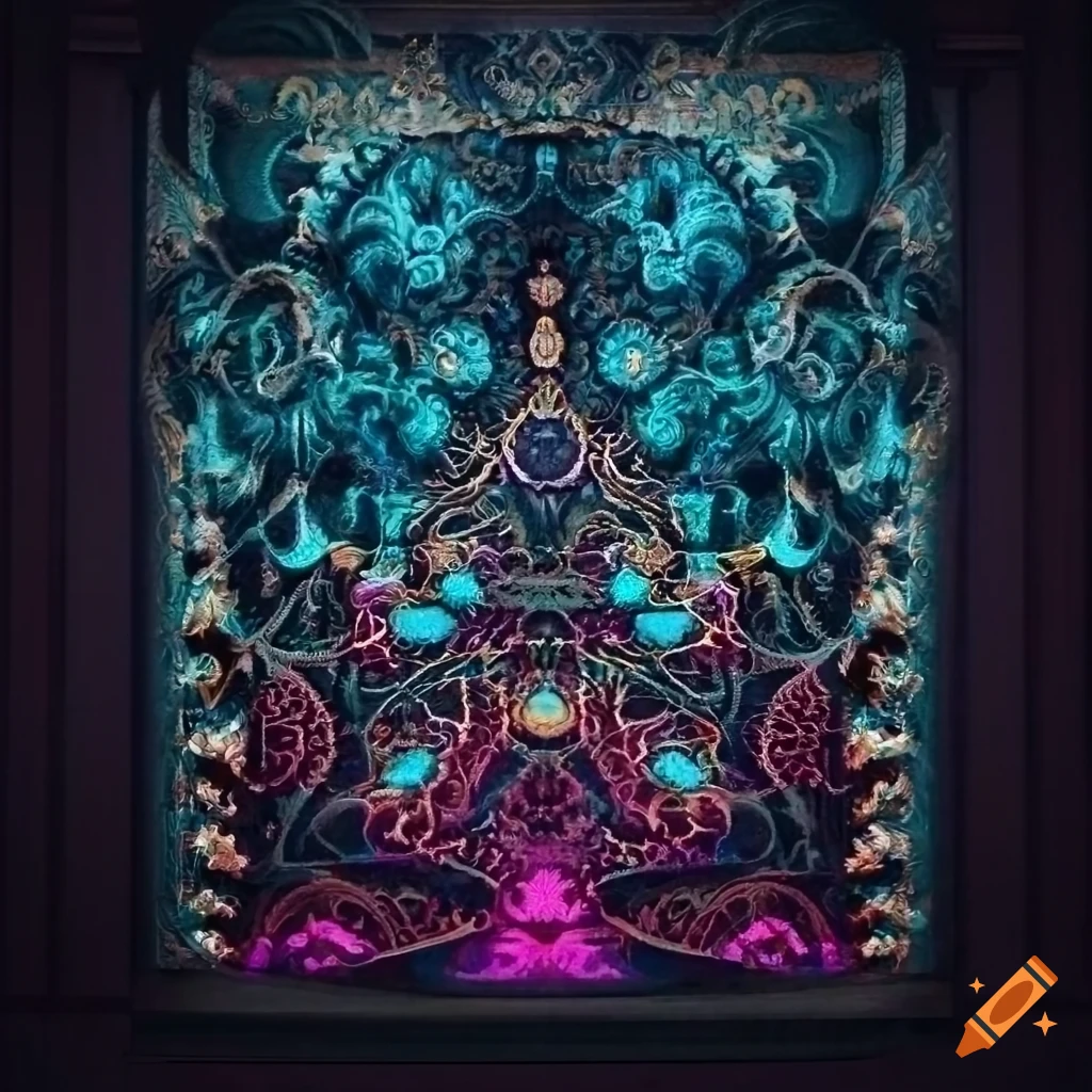 intricate hanging tapestry in a gallery