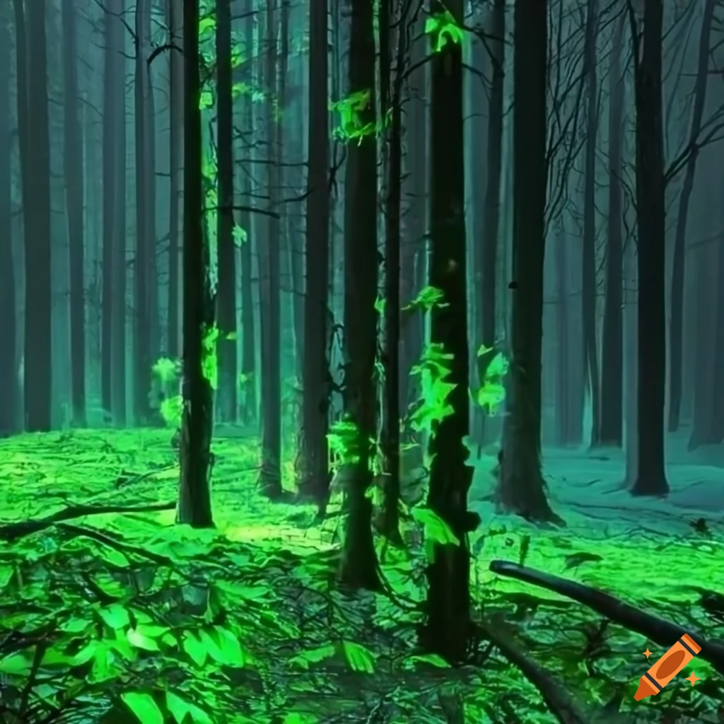 Neon colored leaves in the black forest on Craiyon