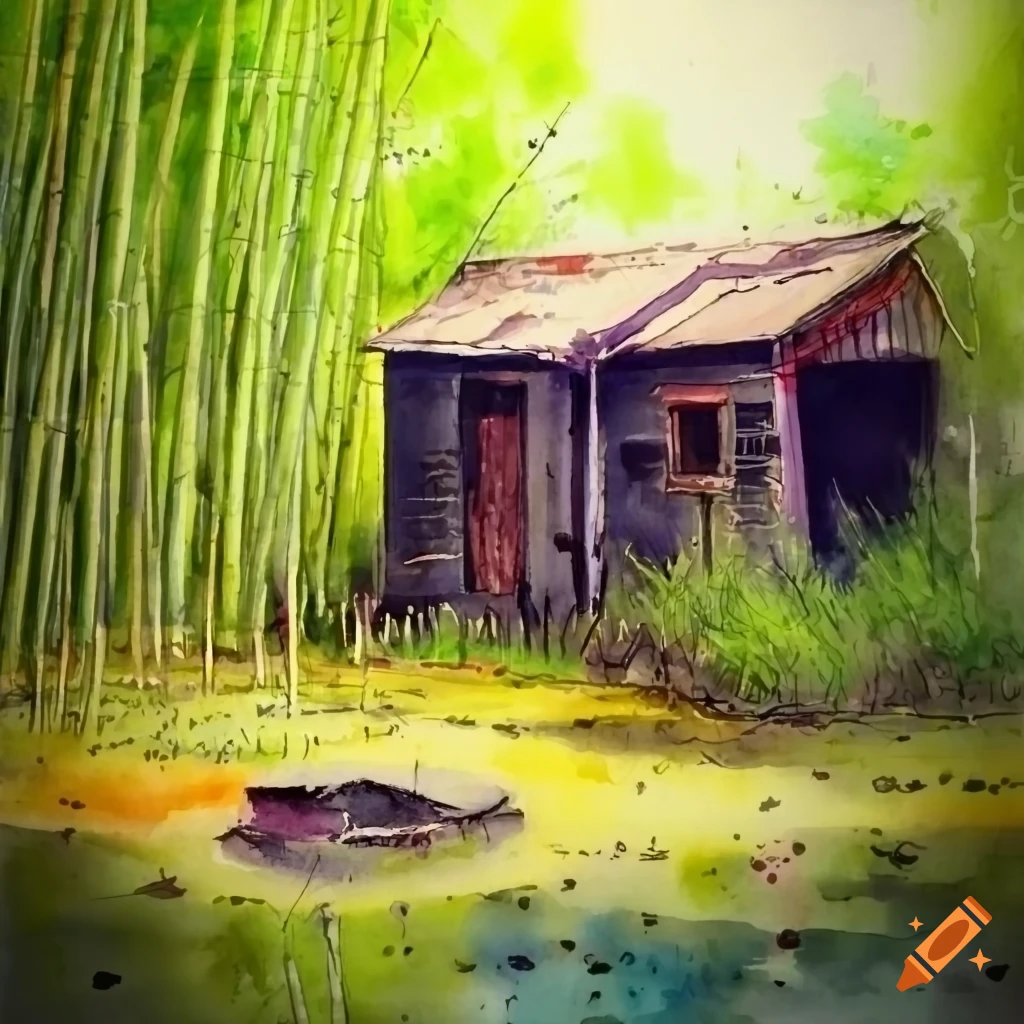 watercolour painting of an abandoned shed in a bamboo forest