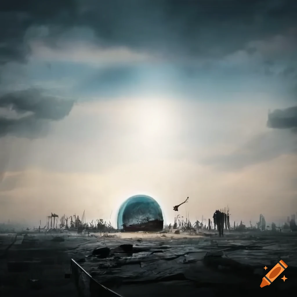 post apocalyptic billboard with glass dome in the distance