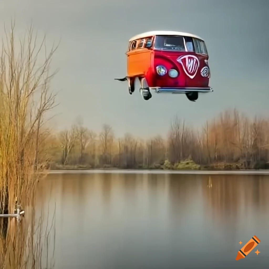 red Volkswagen combi T2 flying over a pond