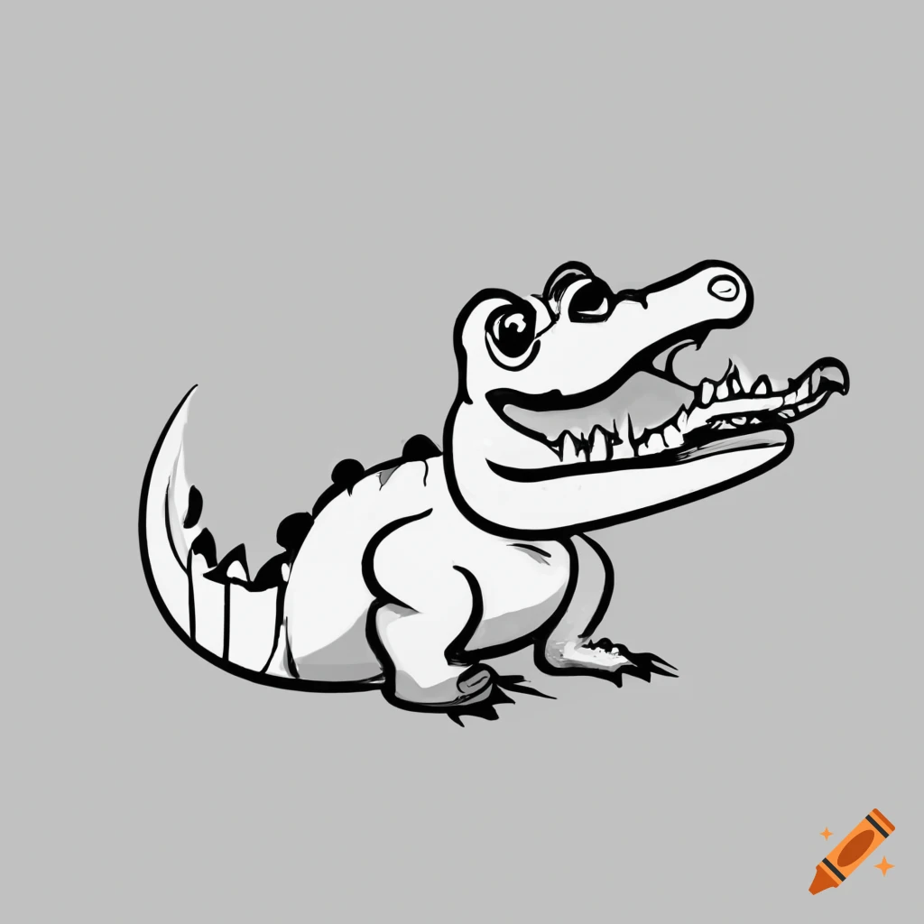 black and white coloring page of a funny alligator with wide open mouth