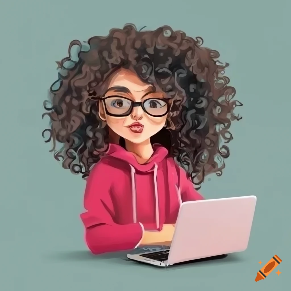 cartoon woman working on laptop with curly hair and glasses
