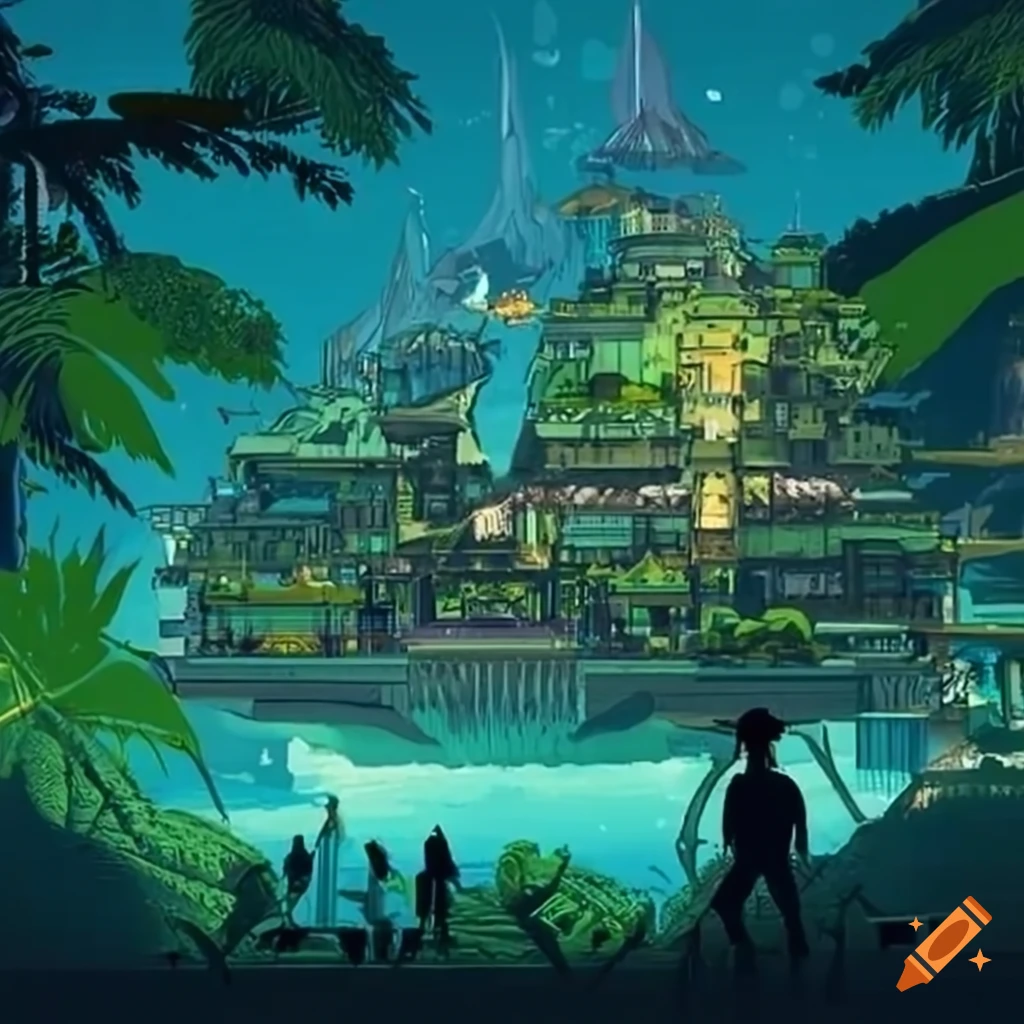 artwork depicting a futuristic solarpunk utopia in the Amazon rainforest