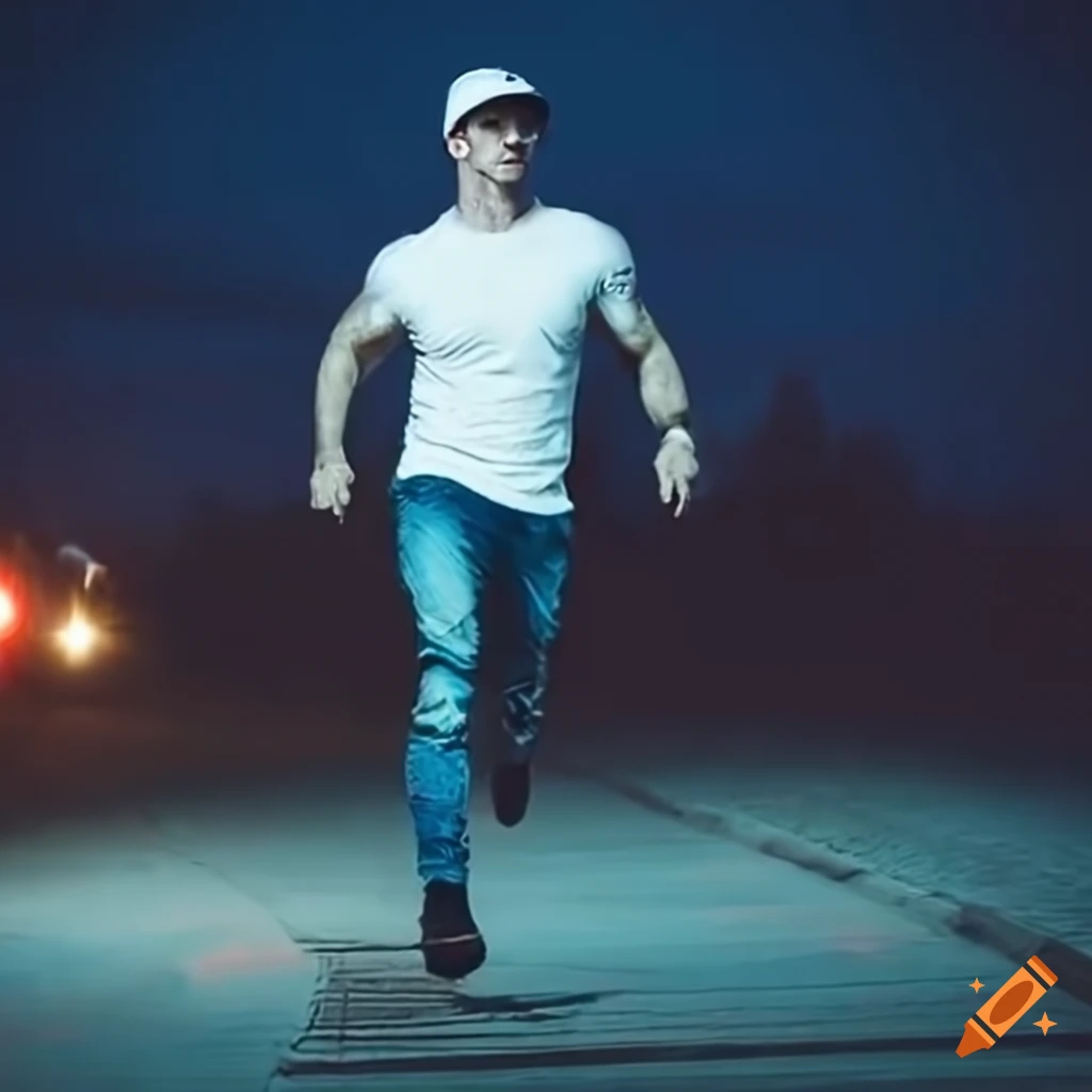 man in white t-shirt and jeans running towards a car at night