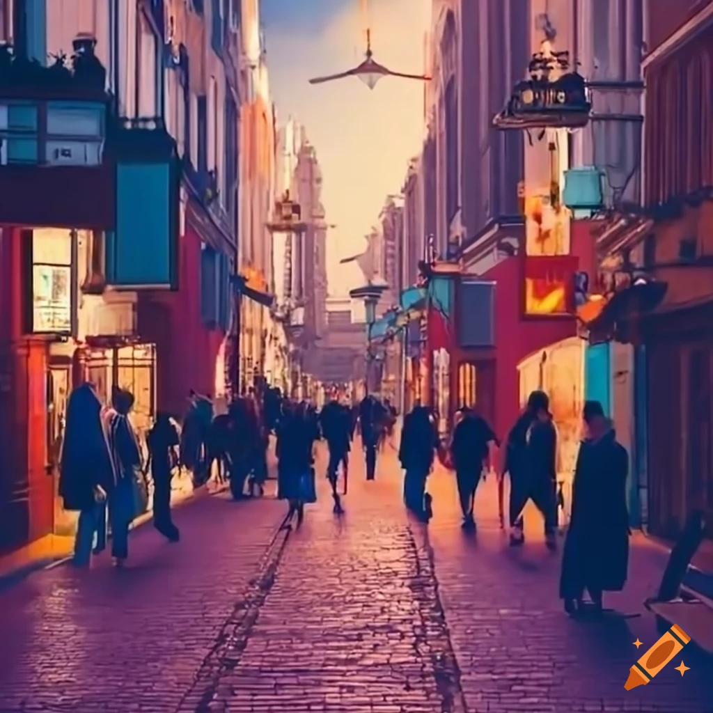urban street with shops and people walking