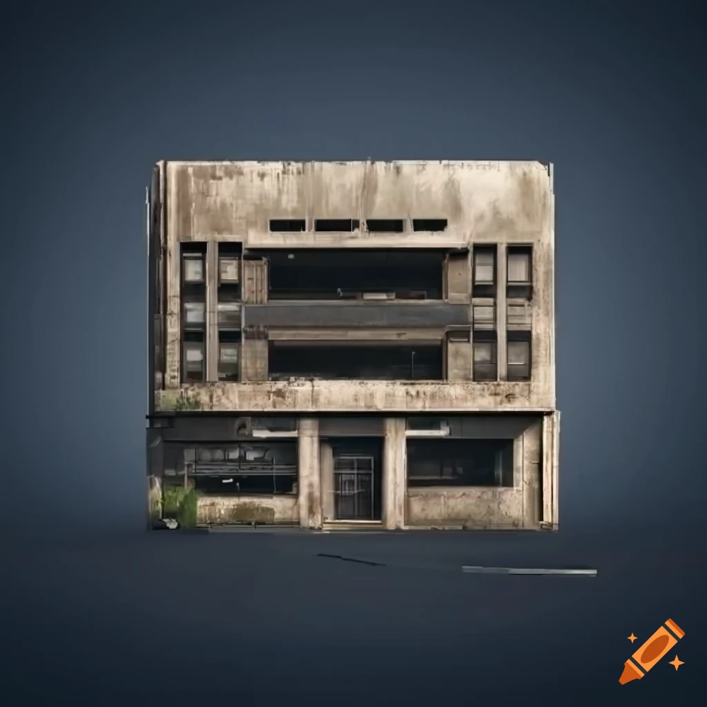brutalist 2-story storefront facade in PS2-style