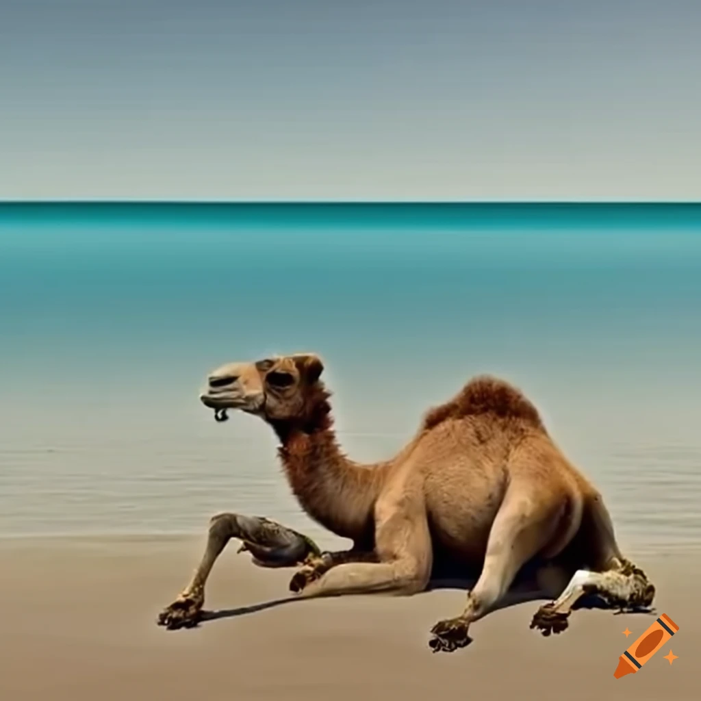 camel drinking from the ocean