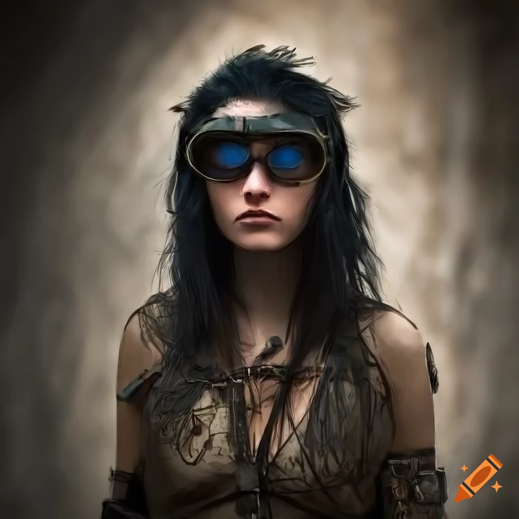 Detailed portrait of a young woman in postapocalyptic attire on Craiyon