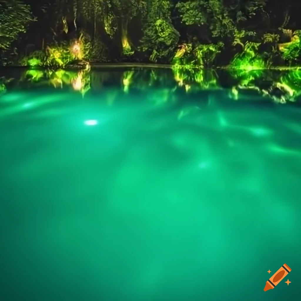 nighttime pool with green glowing water