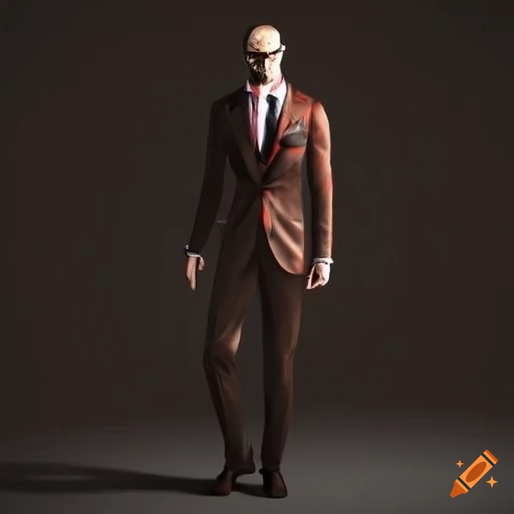 black and brown suit with red and white dot pattern