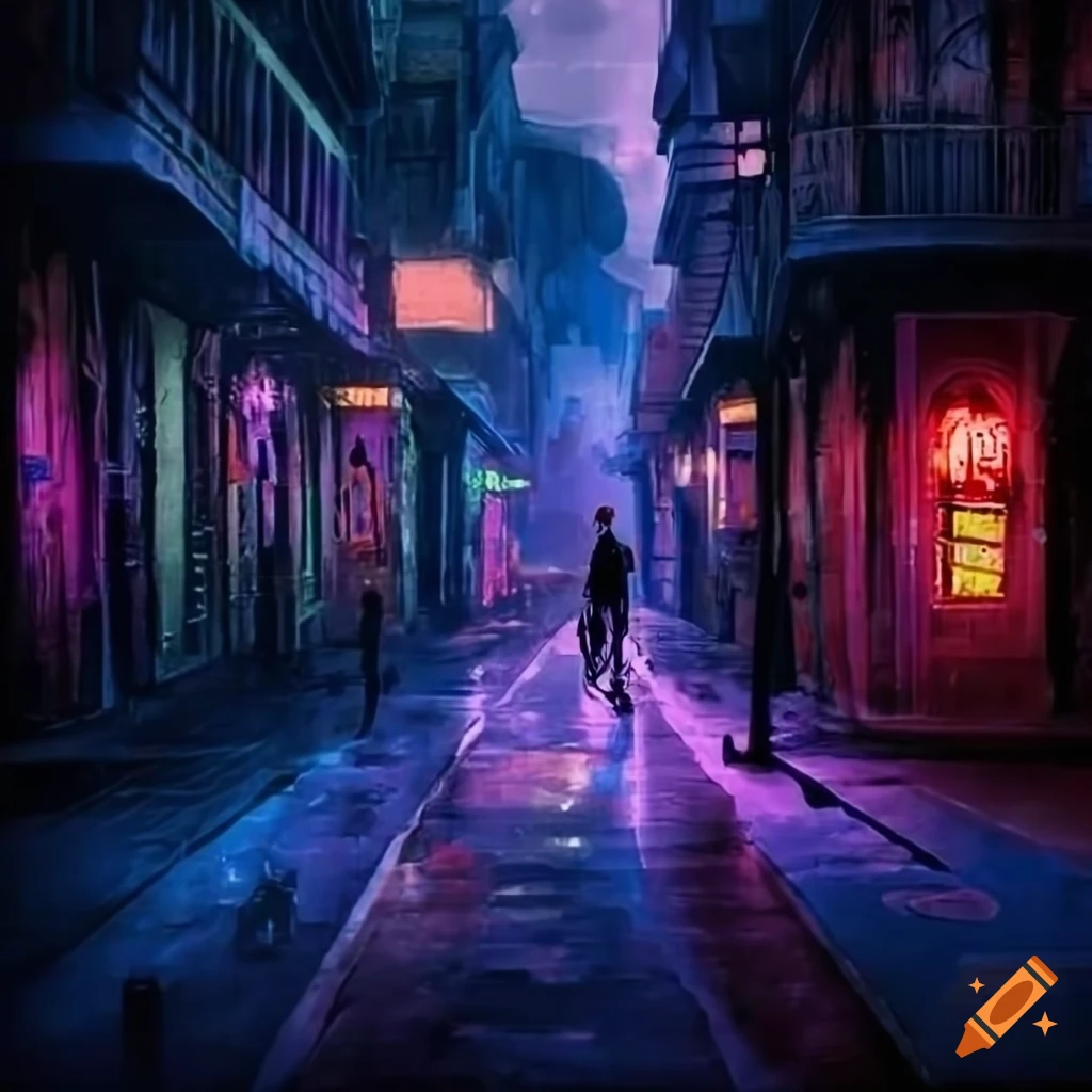 cyberpunk dystopian scene in a rainy New Orleans street