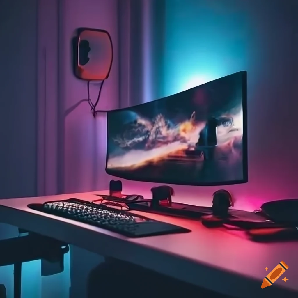 gaming setup with multiple monitors and colorful RGB lights