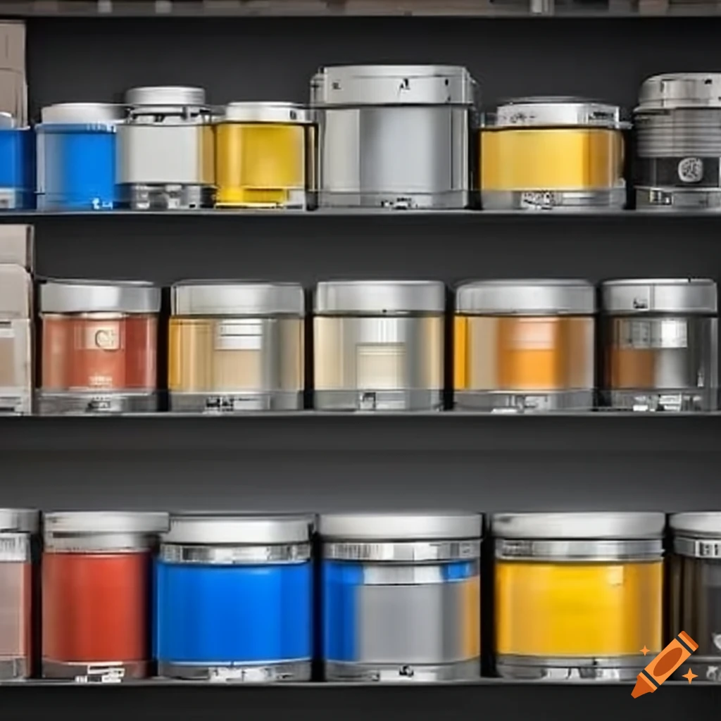 various types of industrial paint on a store shelf