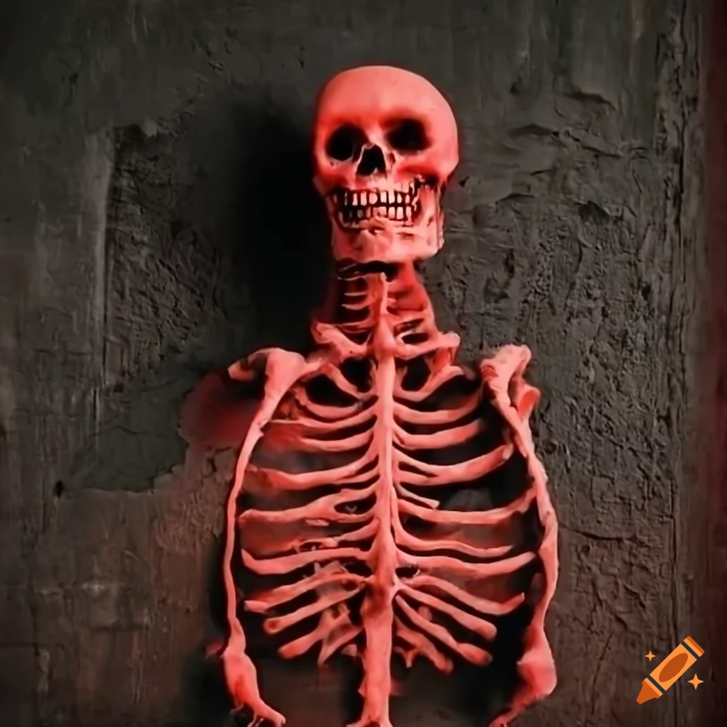 artwork of a red skeleton blending into a wall