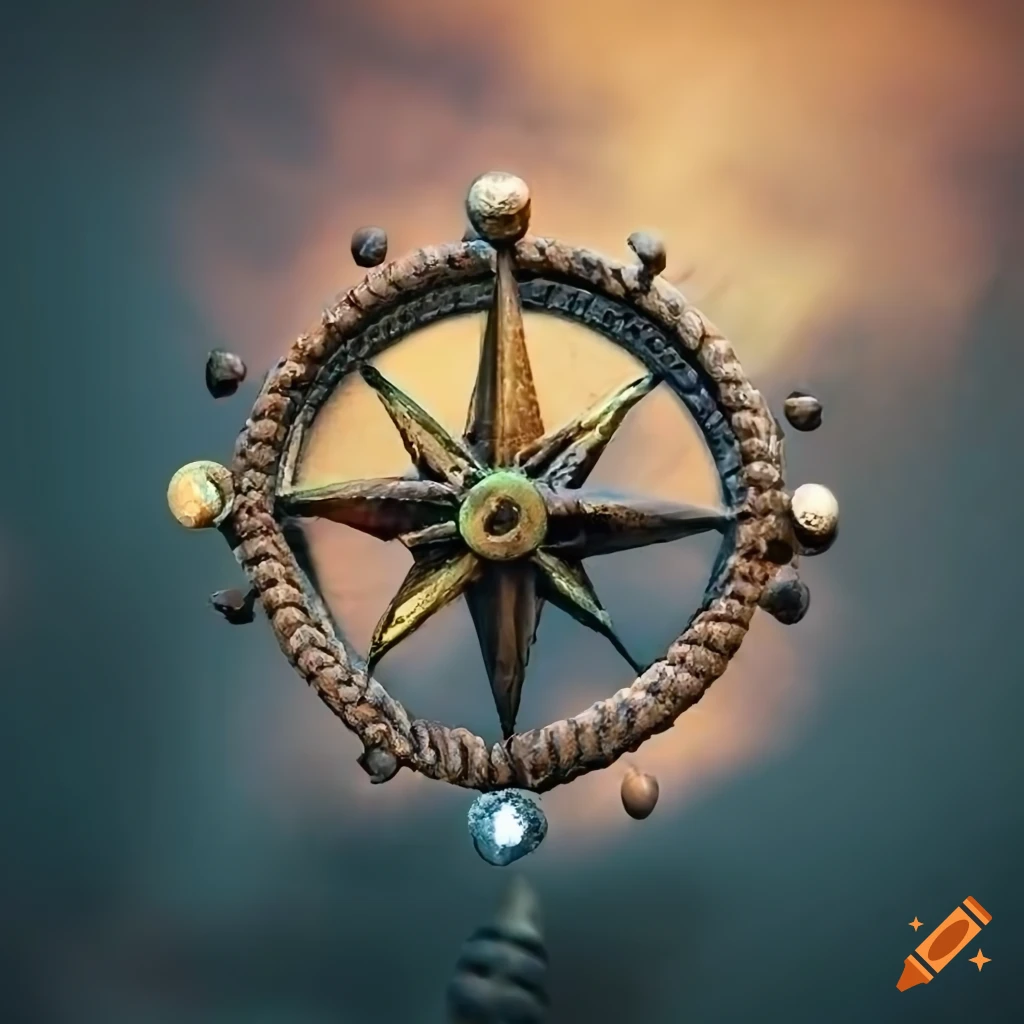 weathered compass with nautical symbols and constellations