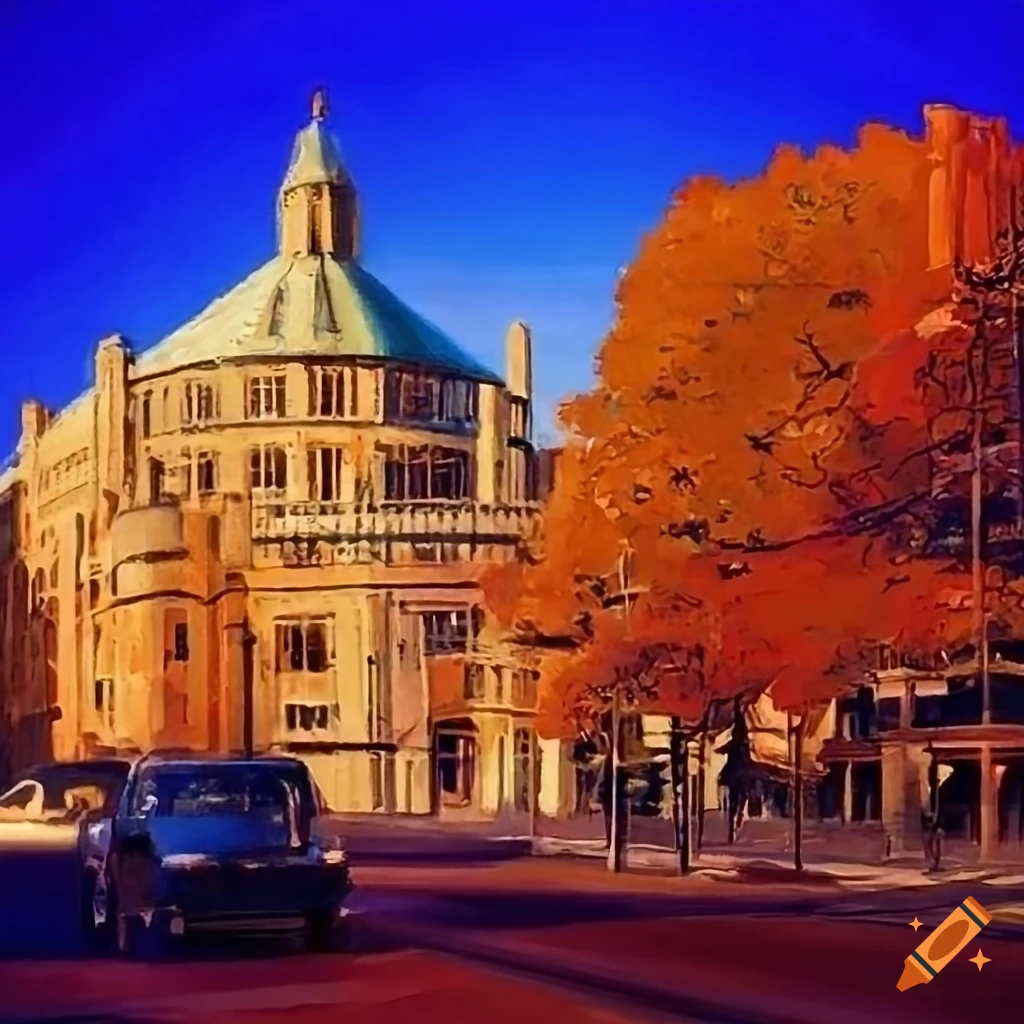Fall art of Cambridge Rindge and Latin building by Syd Mead on Craiyon