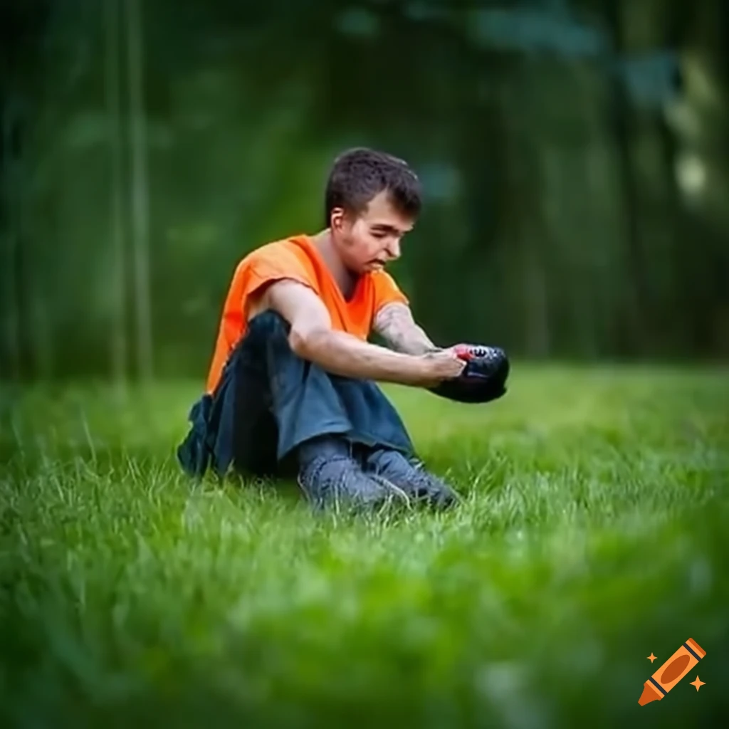 tired factory worker resting on the grass