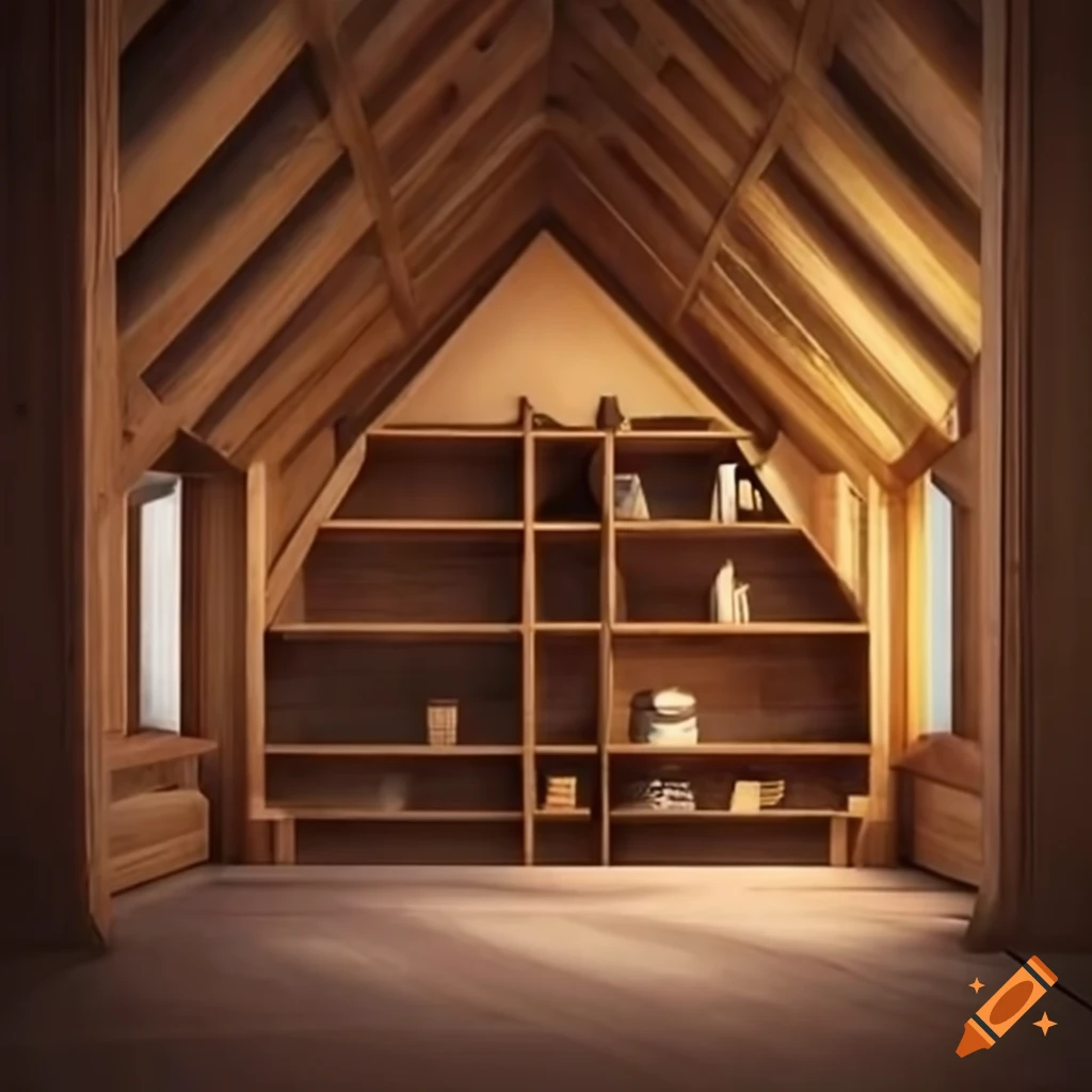 cozy wooden attic with empty bookshelves