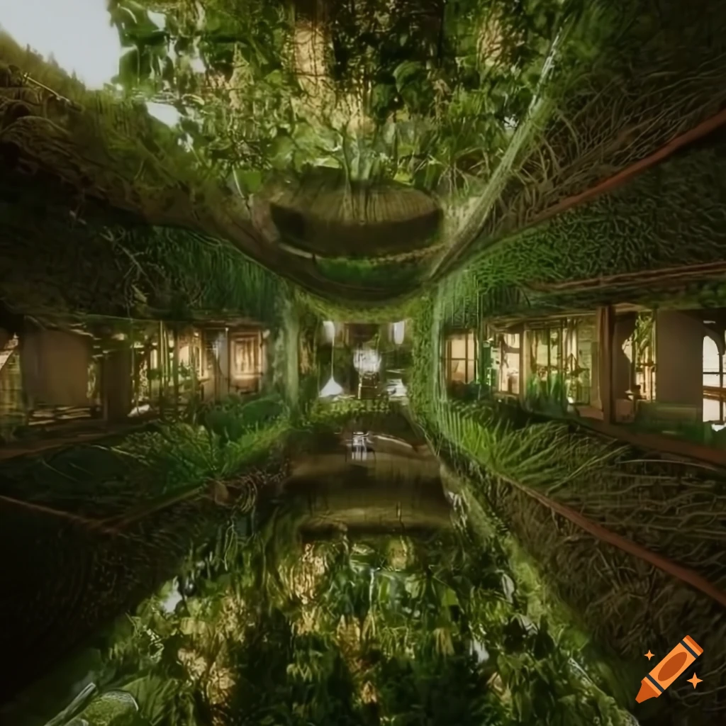 photo realistic rendering of an orchard under a circular dome in a city
