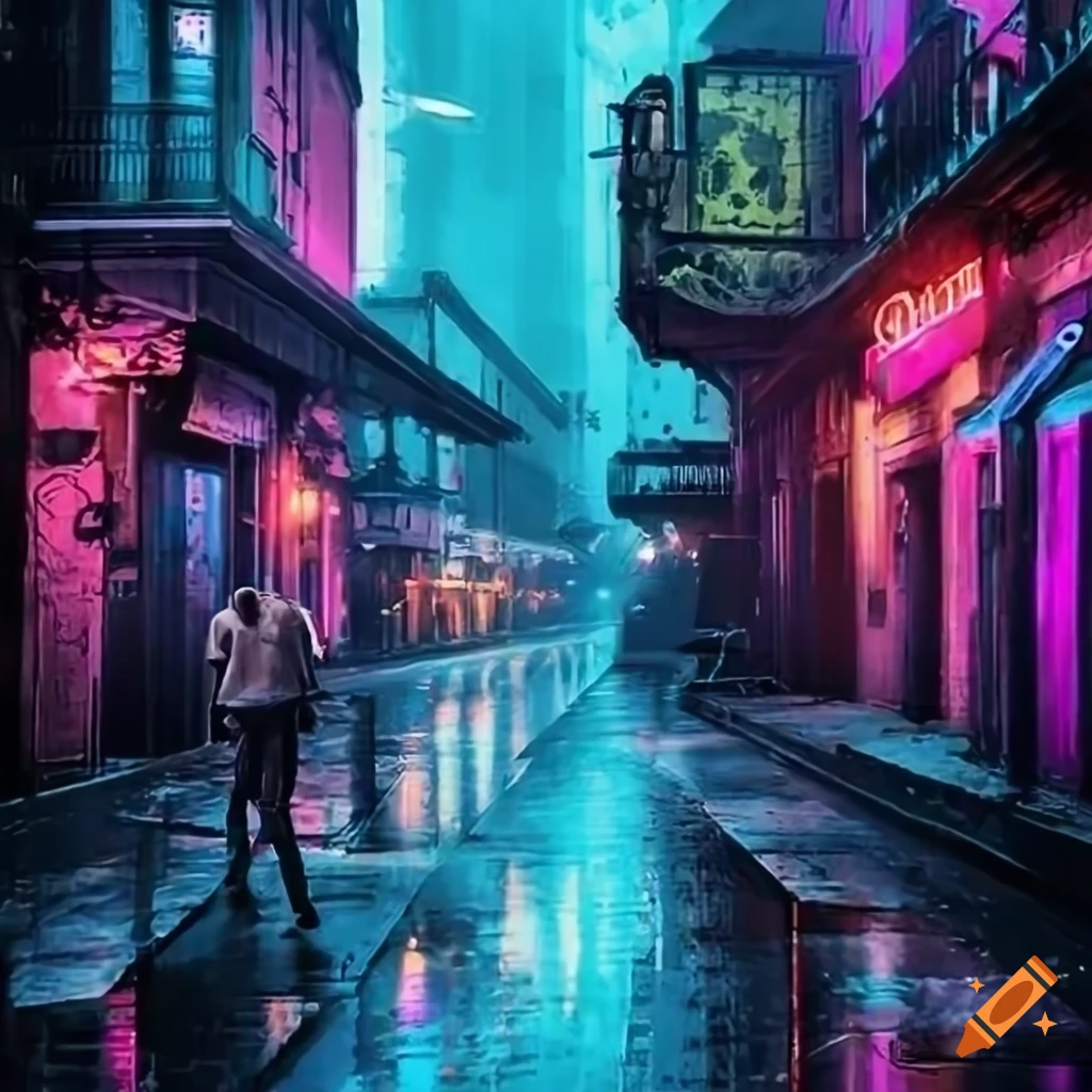 cyberpunk dystopian scene in a rainy New Orleans street